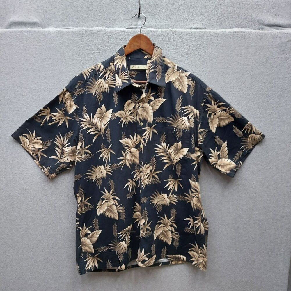 Batik‎ Bay Mens Hawaiian Shirt L Black & Beige Tropical Leaf Print 100% Cotton